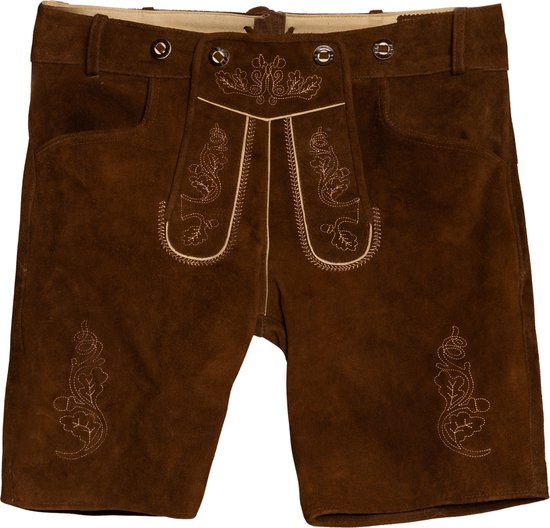 Culotte de leder brune pour homme, avec bretelles, motifs floraux et de feuilles brodés sur le devant et les jambes.