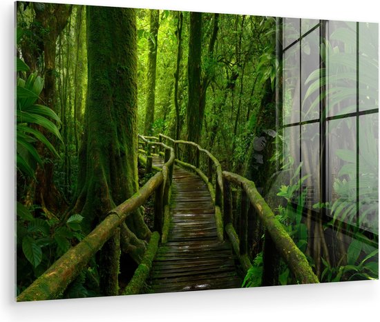 Peinture sur verre - Photo sur verre - Forêt - Arbres - Jungle - Chemin - Vert - Décoration murale - Verre acrylique - 60x40 cm - Décoration murale murale - Peinture sur verre