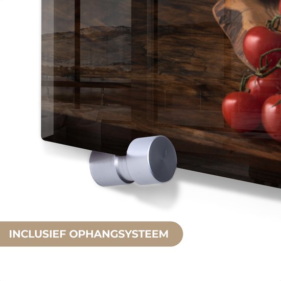 MuchoWow® Peinture sur verre 160x120 cm - Peinture sur verre acrylique - Nature morte - Tomates - Basilic - Tableau - Végétal - Zwart - Photo sur verre - Peintures