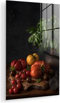 MuchoWow® Peinture sur verre 100x150 cm - Peinture sur verre acrylique - Nature morte - Tomates - Basilic - Tableau - Végétal - Zwart - Photo sur verre - Peintures