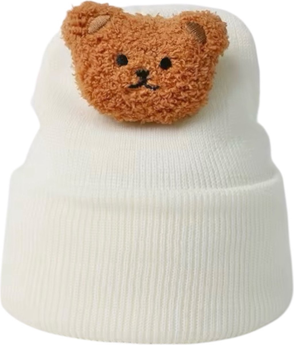 Ultiluxe® Wintermuts met beertje - Wit - Winter muts met kinder teddybeer - 0 tot 2 jaar - Warme beanie voor jongens en meisjes - Beren opdruk - Voor kleine kinderen, baby's, peuters, kleuters - Beer