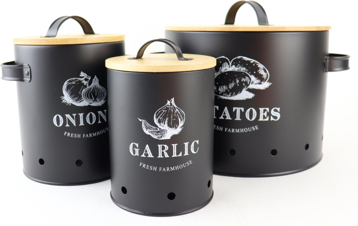 OTIX Voorraadpotten - met Deksel - Zwart - Set van 3 - Knoflookpot - Uienpot - Aardappelbak - Metaal - Bamboe - ARIES