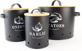 Bocaux de conservation OTIX - avec couvercle - Zwart - Set de 3 - Pot à ail - Pot à oignons - Plateau à pommes de terre - Métal