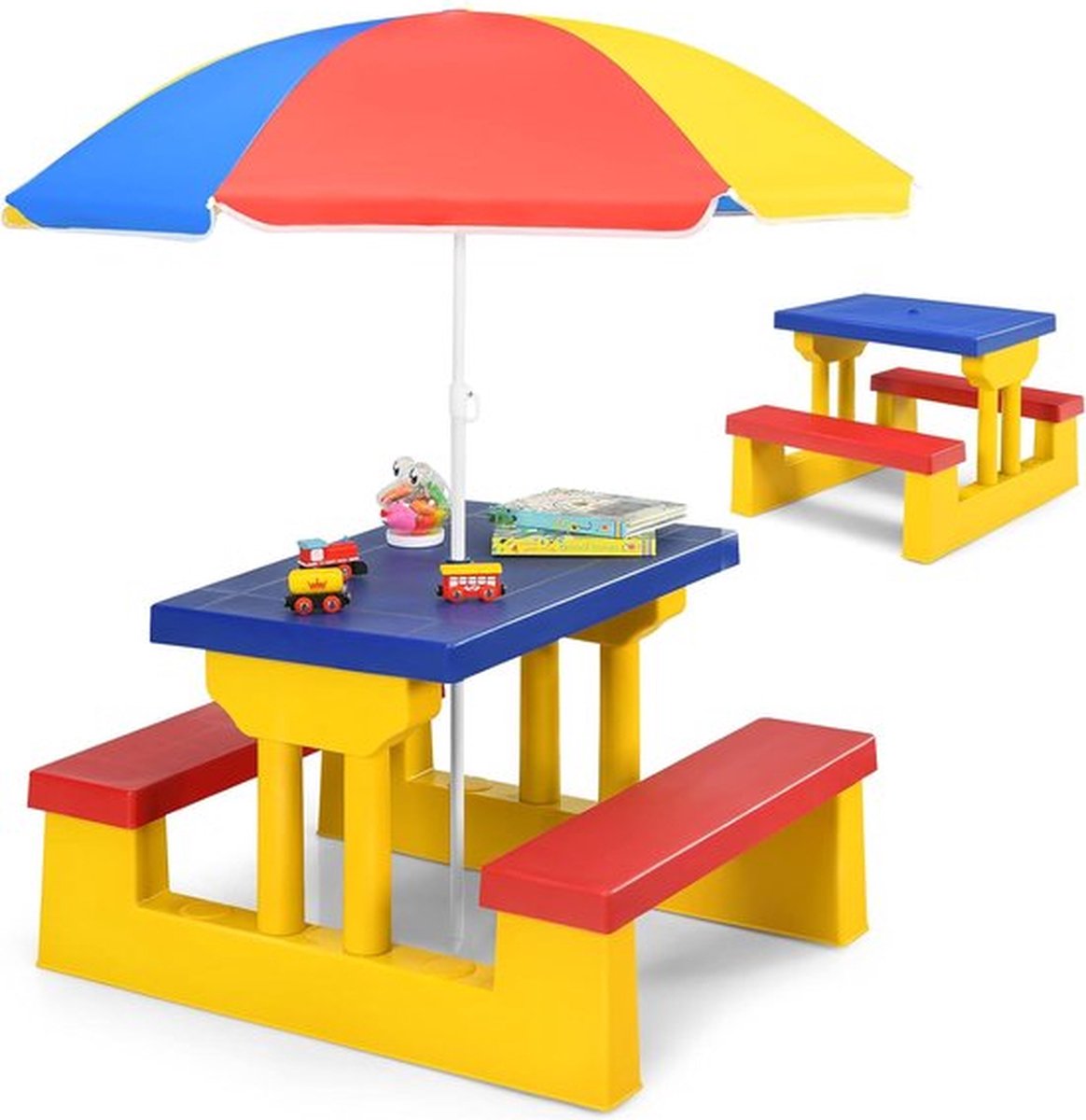 vidaXL Kinderzitset met parasol, tuinmeubelen voor kinderen, kinderzitset, kindermeubelset tuin, kinderbank buiten (blauw + rood + geel) ‎Blauw + Rood + Geel