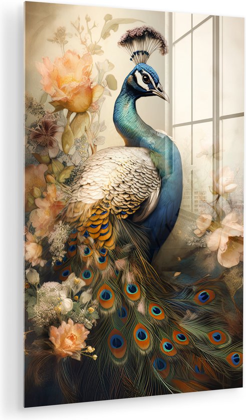 MuchoWow® Peinture sur verre - Paon - Plumes de paon - Fleurs - Vogels - Botanique - 80x120 cm - Peintures sur verre acrylique - Photo sur Glas