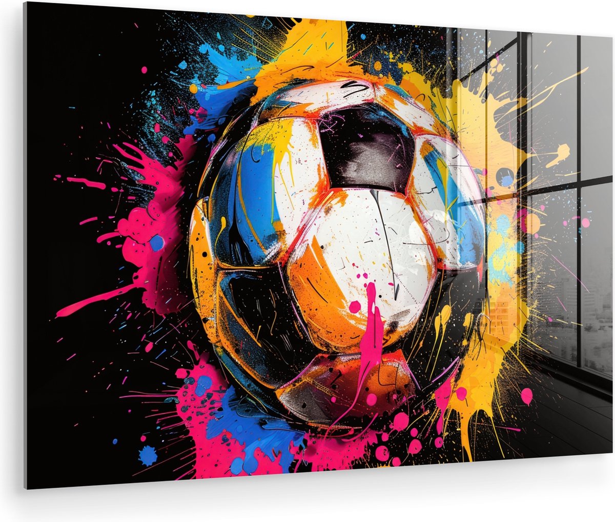 MuchoWow® Glasschilderij 180x120 cm - Schilderij acrylglas - Graffiti - Sport - Voetbal - Verf - Bal - Foto op glas - Muurdecoratie woonkamer - Wanddecoratie slaapkamer - Schilderijen