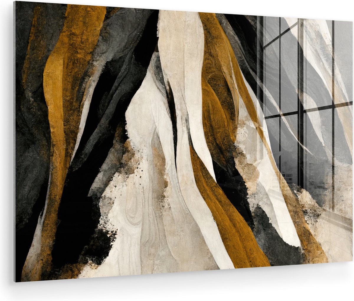 MuchoWow® Glasschilderij 90x60 cm - Schilderij acrylglas - Verf - Landschap - Bruin - Zwart - Foto op glas - Muurdecoratie woonkamer - Wanddecoratie slaapkamer - Schilderijen