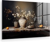 MuchoWow® Glasschilderij 180x120 cm - Schilderij acrylglas - Stilleven - Bloemen - Boeket - Vaas - Wijn - Foto op glas - Muurdecoratie woonkamer - Wanddecoratie slaapkamer - Schilderijen