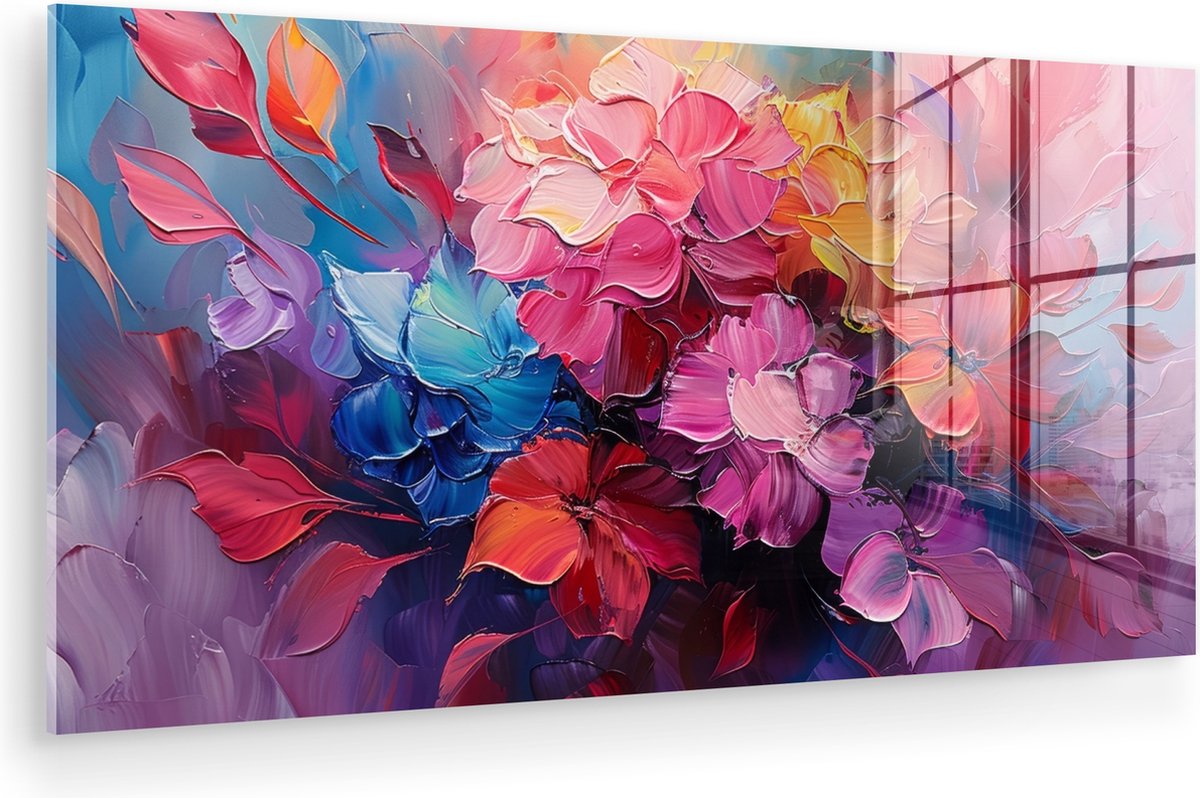 MuchoWow® Glasschilderij 160x80 cm - Schilderij acrylglas - Bloemen - Verf - Abstract - Kleurrijk - Foto op glas - Muurdecoratie woonkamer - Wanddecoratie slaapkamer - Schilderijen