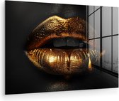 MuchoWow® Peinture sur verre 120x80 cm - Peinture sur verre acrylique - Lèvres - Or - Abstrait - Zwart - Esthétique - Photo sur verre - Décoration murale salon - Décoration murale chambre - Peintures