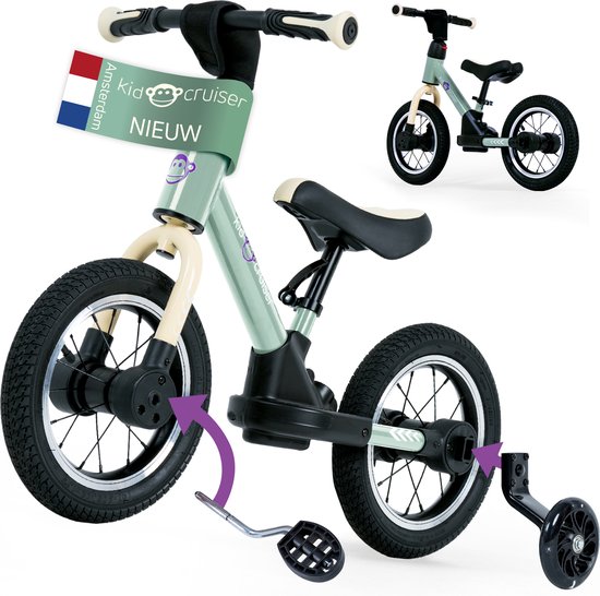Kidcruiser Loopfiets 2+ jaar - Met LED Zijwieltjes & Trappers - 3-in-1 – Lichtgroen – Modulair Design