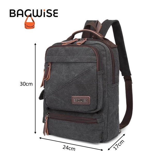 Bagwise® - Rugzakje - Canvas - 15 L- Vintage - 13" inch Laptopvak - 30 cm x 24 cm x 17 cm (HxBxD) - Let op: controleer vooraf de afmetingen! compact klein formaat! -1261 antraciet Zwart