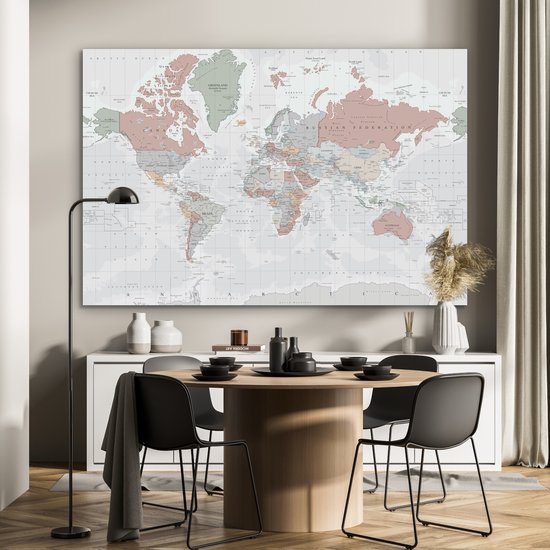 Décoration murale Métal - Aluminium - Wereldkaart - Vintage - Pastel - 150x100 cm