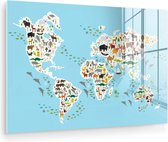 Peinture sur Verre - Carte du Wereldkaart - Enfants - Couleurs - Animaux - 60x40 cm - Peintures sur Verre Peintures - Photo sur Glas
