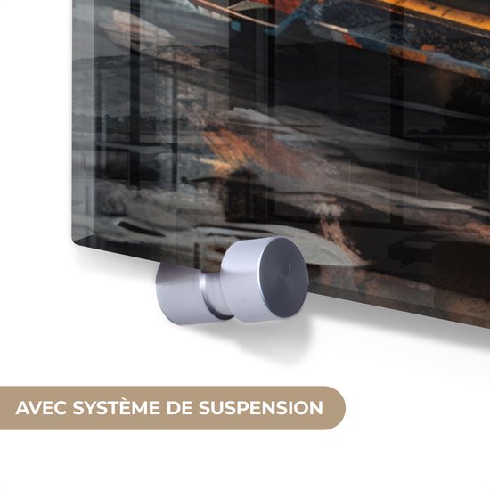 MuchoWow® Glasschilderij 120x80 cm - Schilderij acrylglas - Auto - Geel - Verf - Abstract - Foto op glas - Muurdecoratie woonkamer - Wanddecoratie slaapkamer - Schilderijen