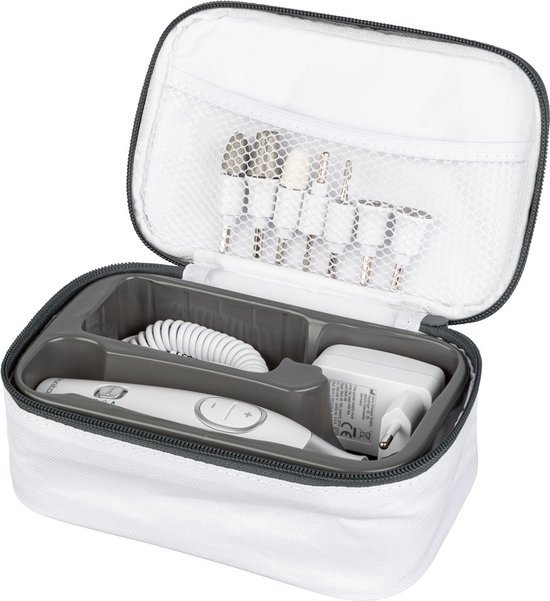 Open witte opbergtas met compartimenten. Met witte handstuk, oplader, en accessoires.