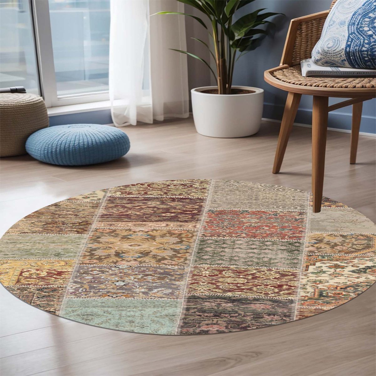 Bamyum Nadine Bedrukt Tapijt Chenilleprint Machine Made 200 x 200 cm, Vintage Tapijt Slaapkamer, Antibacterieel Antislip Ondervloer Keukentapijt