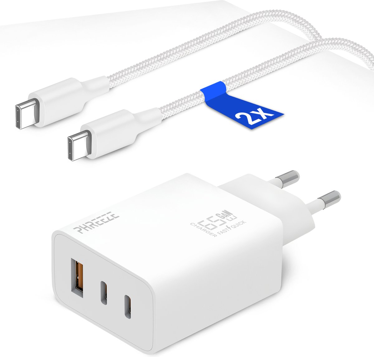 65W USB-C Oplader 3 Poorten met USB C naar USB C Kabels 1 Meter - Snellader