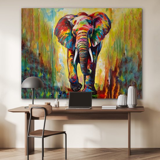 Aluminium schilderij 160x120 cm - Wanddecoratie metaal - Olifant - Kunst - Schilderij - Dieren - Regenboog - Metalen muurdecoratie woonkamer - Decoratie industrieel - Foto op dibond - Industriële accessoires slaapkamer