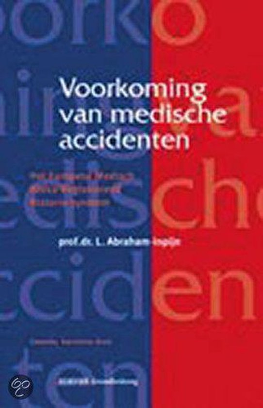Boek "Voorkoming van medische accidenten" met rode en blauwe secties. Tekst op de kaft.