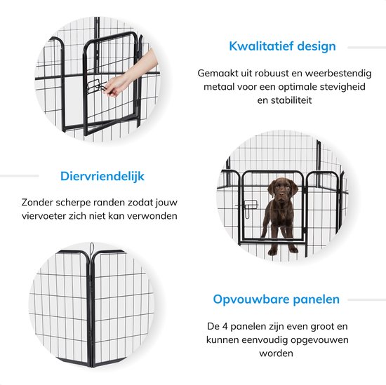 Zwarte metalen puppyren met 8 panelen, een deur en een bruine labrador puppy.