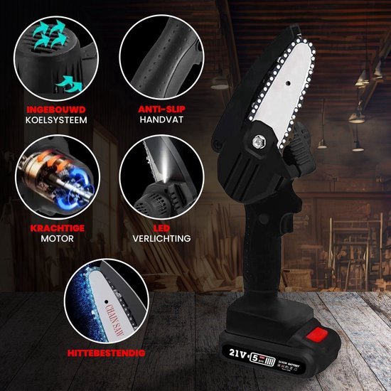 LotaHome - Mini Kettingzaag Set - Met LED Verlichting - Inclusief Diverse Accessoires - Elektrische Kettingzaag - Snoeizaag - Elektrische Snoeizaag - Handkettingzaag - Boomzaag - Hout Snijden - Ook voor Makita - Met Accu - Tuinieren - Inc. Handschoen van LotaHome — afbeelding 5