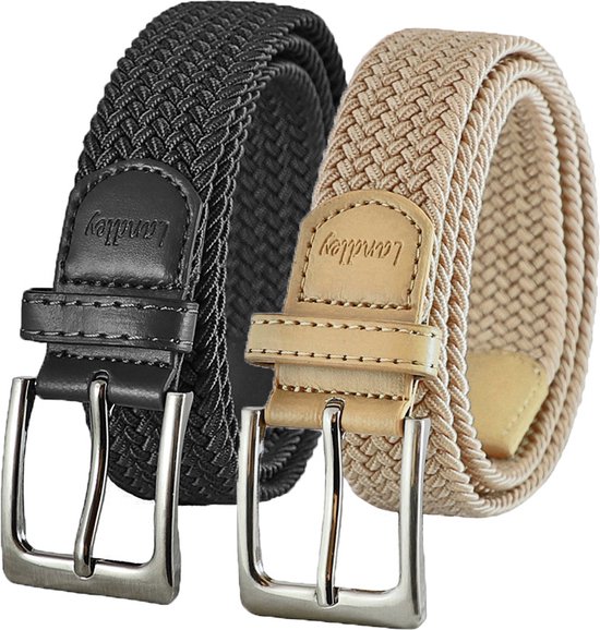 Landley Elastic Braided Stretch Ceintures Duopack - Ensemble économique avec 2 ceintures - Femme et Homme - Zwart et Beige - Longueur totale 100 cm / Taille de ceinture 85