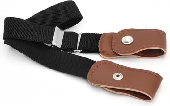 Zwarte elastische riem met bruine leren uiteinden en metalen gesp.