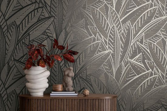 Papier peint graphique Profhome 399334-GU papier peint intissé légèrement structuré avec motif floral noir brillant argent anthracite 5,33 m2
