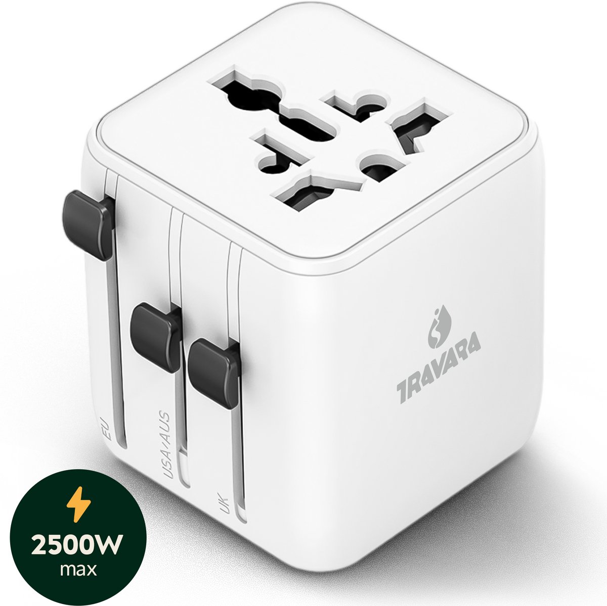 TRAVARA Reisstekker - 2500W – Wereldstekker Universeel - 170+ Landen – Reisstekker Engeland (UK), Amerika (USA), Afrika, Italië, Japan, Thailand – Wereldstekkers