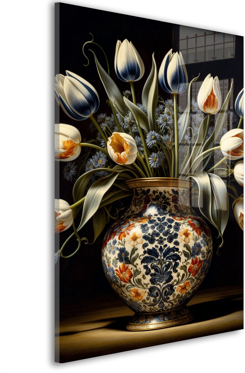 Glasschilderij Tulpen in Delftsblauw - 120 x 80 cm - Vaas - Bloemen en Planten - Acrylaat - Inclusief wandbevestiging - Foto op plexiglas - Wanddecoratie woonkamer – Modern – Klassiek