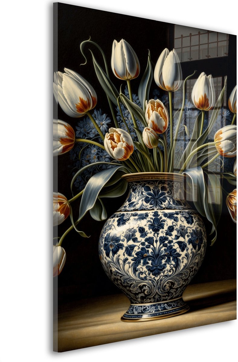 Glasschilderij Tulpenpracht Delfts Blauw - 30 x 20 cm - Tulpen - Bloemen en Planten - Acrylaat - Inclusief wandbevestiging - Foto op plexiglas - Wanddecoratie woonkamer