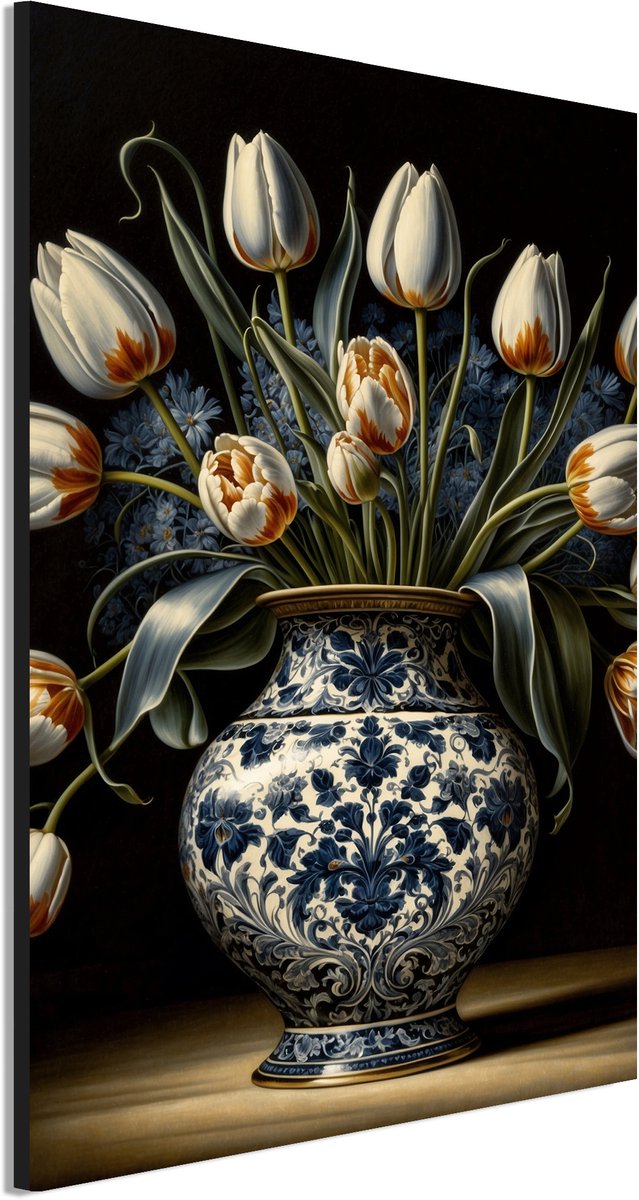 Wanddecoratie Metaal - Aluminium Schilderij Tulpenpracht Delfts Blauw - 120 x 80 cm - Tulpen - Muurdecoratie woonkamer en slaapkamer - Inclusief ophangsysteem - Klassiek - Modern - Displate alternatief