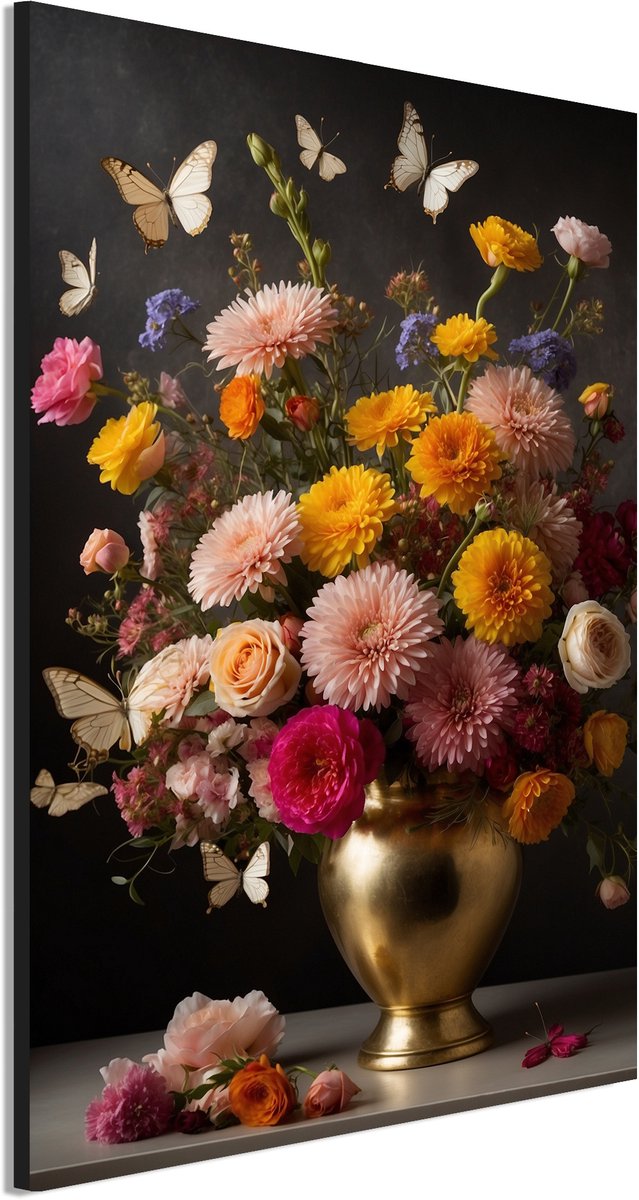 Wanddecoratie Metaal - Aluminium Schilderij Vlinders en bloemenpracht - 30 x 20 cm - Bloemstuk - Muurdecoratie woonkamer en slaapkamer - Inclusief ophangsysteem - Klassiek - Modern - Displate alternatief
