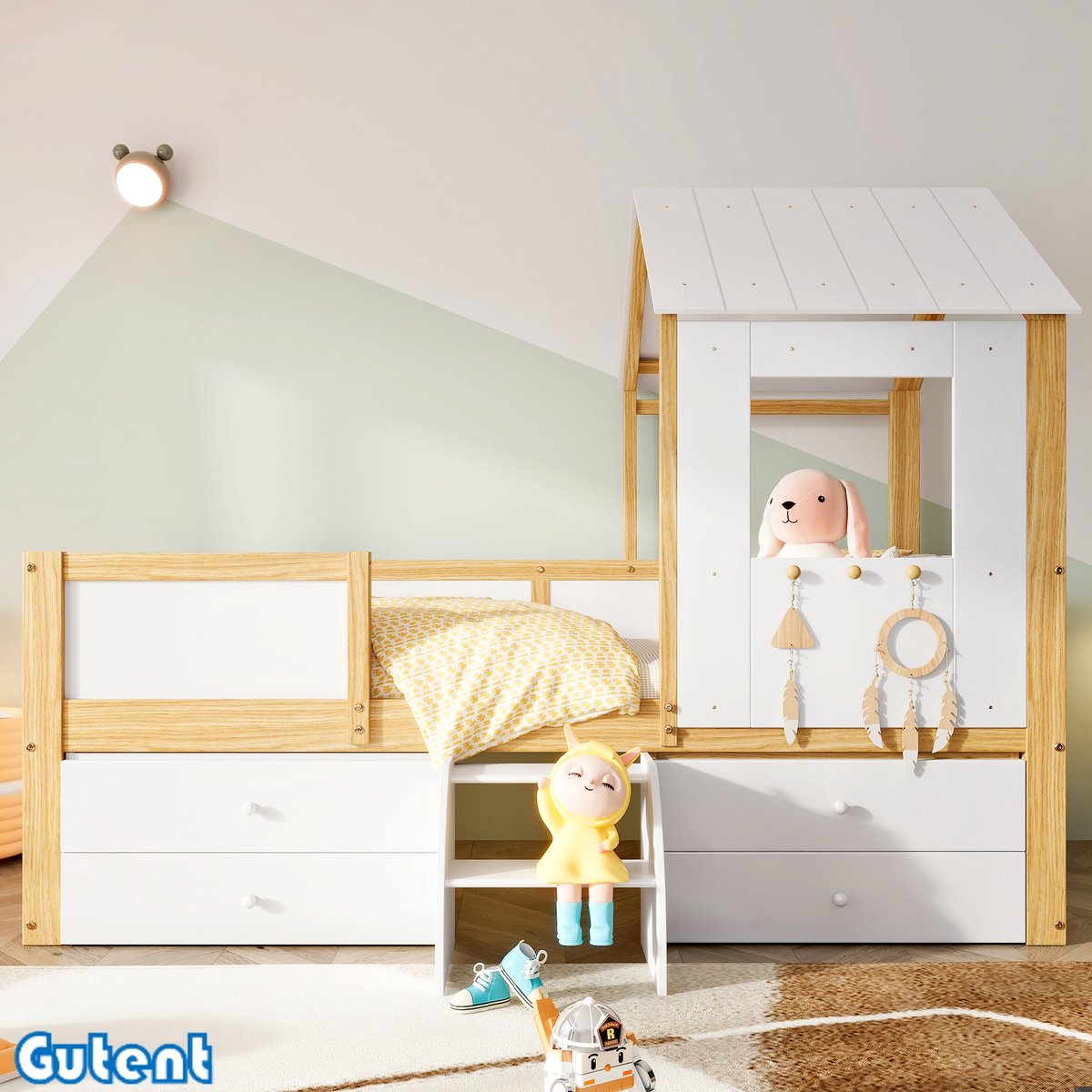 Gutent Halfhoog kinderbed-Huisbed-Vier zijhekken-4 laden-Kleine trap-Pine+MDF+Kurk-Wit+Natuur-90x200 cm-No matras
