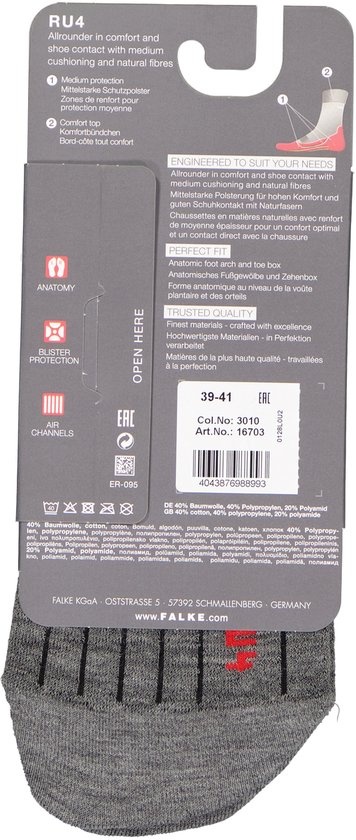 Emballage de chaussettes de course Falke RU4, gris avec rayures noires, taille 39-41.