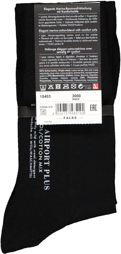 Zwarte FALKE Airport Plus kniekous met etiket waarop 'Wool-Cotton Mix' staat.