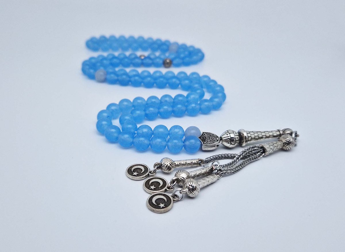 Handgemaakte tesbih "Tasbih" natuursteen " Blauwe Jade " - Aantal kralen 99 - Diameter kralen 8MM - met metaal tassel "Vlag van Turkije" - Een mooi cadeau-idee