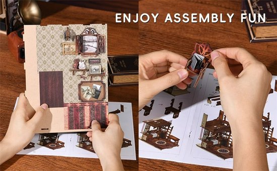 Handen monteren een DIY Boek Nook Kit: muurdecoratie en meubels, met instructies.
