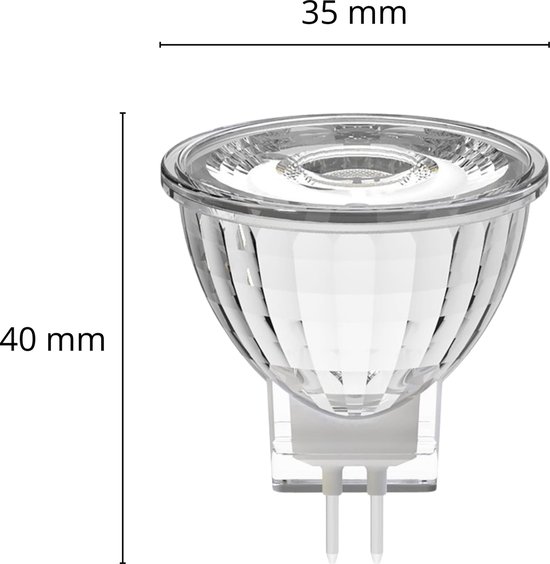 Heldere, glazen spot met GU4 fitting, afmetingen 35mm x 40mm.