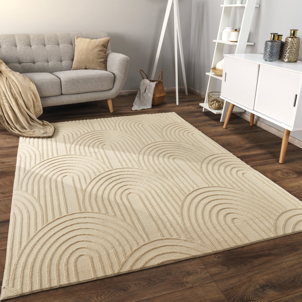 flycarpets Zacht fluffy vloerkleed - Lely Japandi Beige - 240x340 cm - Laagpolig Tapijt Woonkamer / Slaapkamer / Kinderkamer