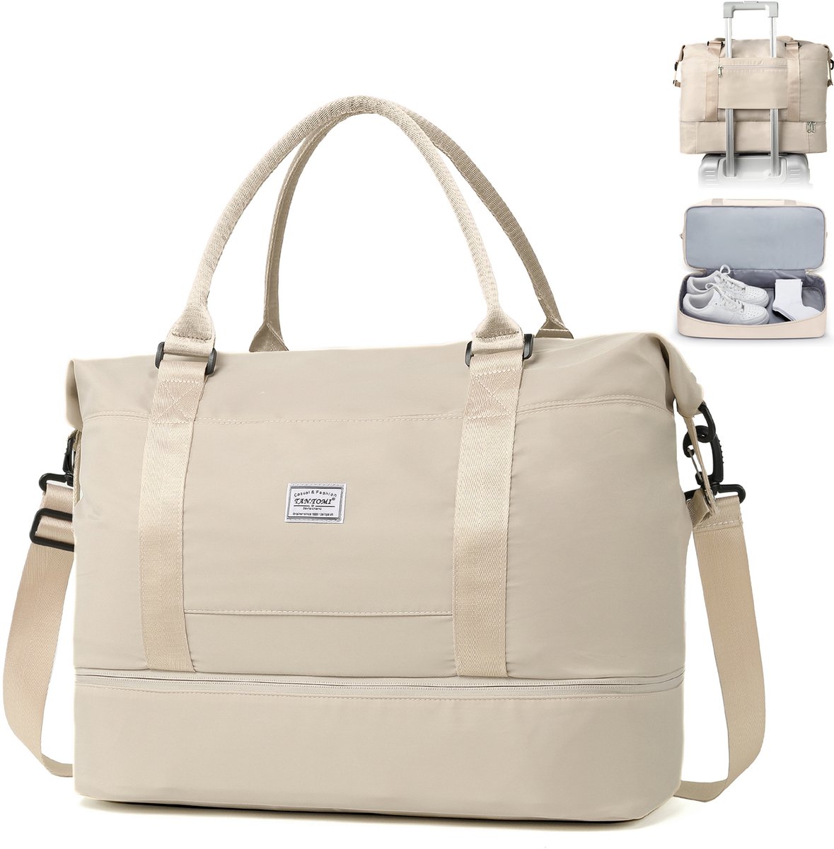 TAN.TOMI Reistas - Sporttas voor dames en heren - 46x23x32 cm -Met Smart -Sleeve voor op een Koffer - Handbagage Tas - Met Schoenenvak en Afneembare Schouderband - Beige