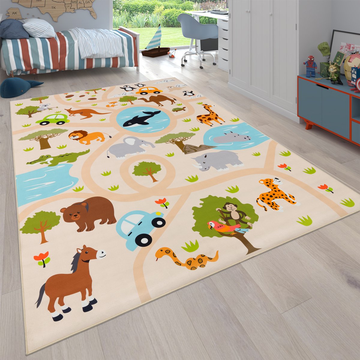 Flycarpets Binola Kindervloerkleed Beige / Kleurrijk - 80x150 cm - Speelkleed / Speelmat Auto / Dieren - Laagpolig Vloerkleed Kinderkamer