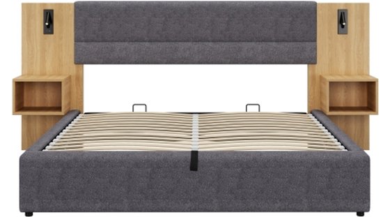 Gestoffeerd bed 160 x 200 cm met hoofdeinde en 4 laden - USB - linnenstof - grijs
