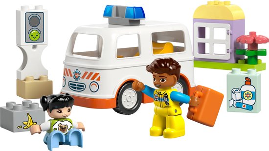 LEGO Duplo ambulance met oranje accenten, stoplicht, huisje, medicijndoos, meisje en chauffeur.