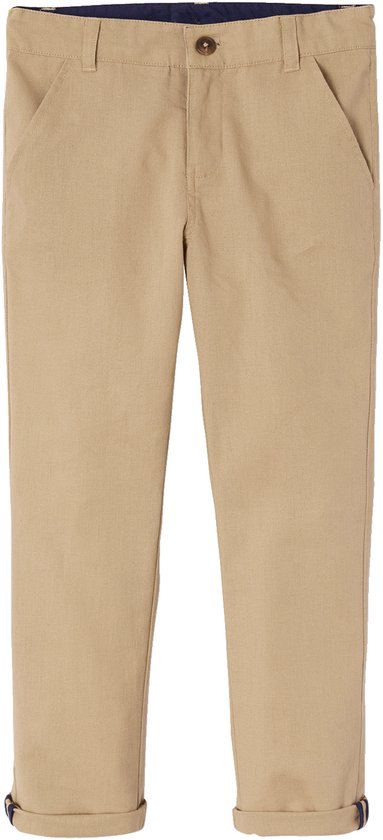 Beige chino broek voor jongens met een enkele knoop en verstelbare taille.