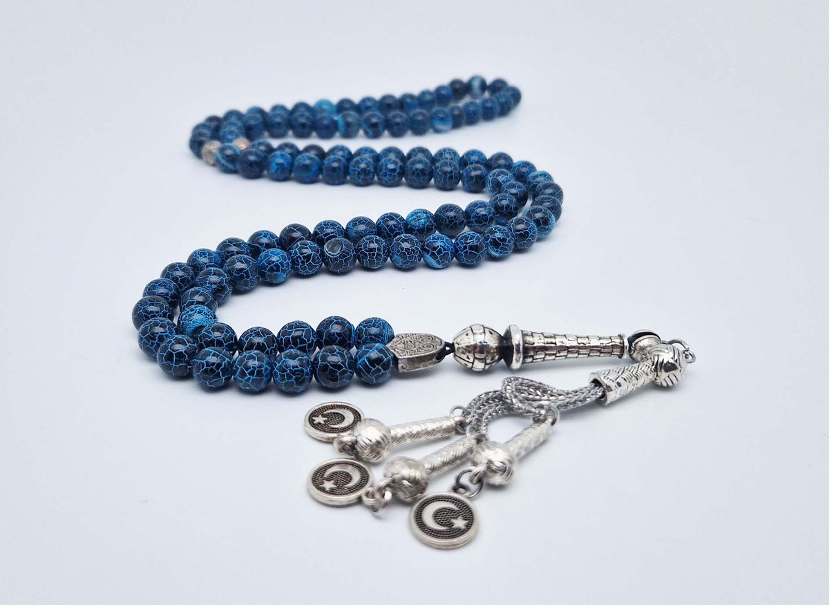 Handgemaakte tesbih "Tasbih" natuursteen " Blauwe harmonie" - Aantal kralen 99 - Diameter kralen 8MM - met metaal tassel "Vlag van Turkije" - Een mooi cadeau-idee