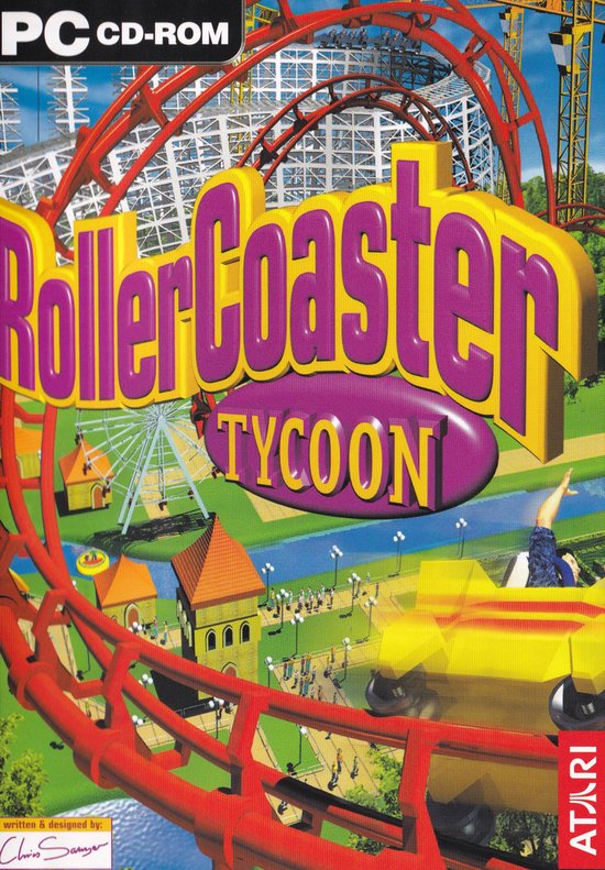 De cover van RollerCoaster Tycoon met de titel in paars en geel, en een achtbaan.