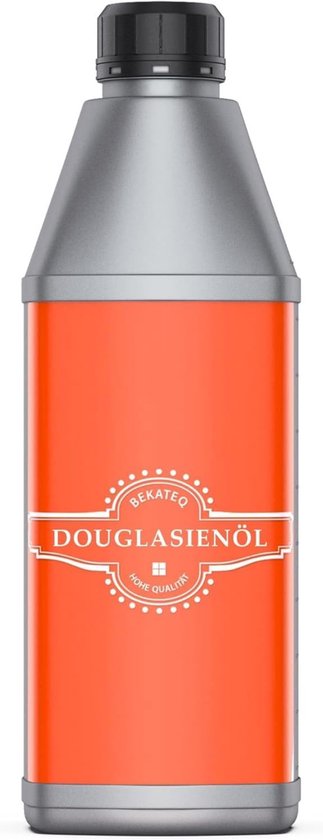 Grijze fles met oranje label waarop 'BEKATEQ DOUGLASIENÖL HOME QUALITÄT' staat.