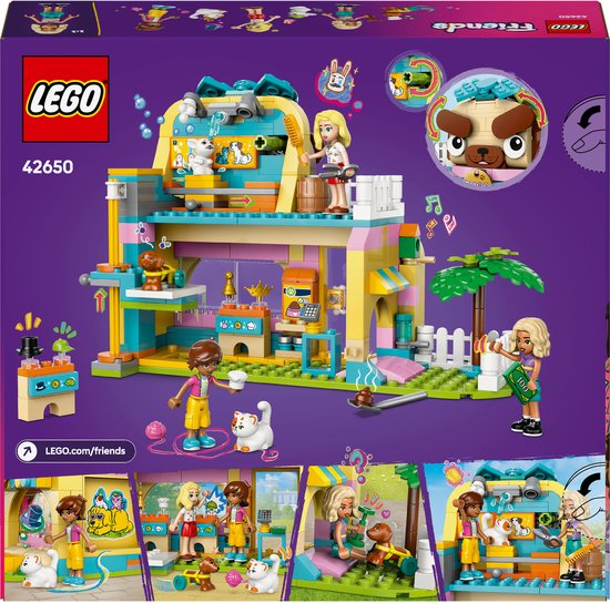 Boutique LEGO Friends avec espace de toilettage pour animaux, briques violettes, jaunes, bleues et roses. Comprend trois mini-poupées, un chiot, un chaton et un lapin.